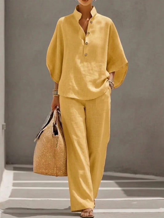 Annabel™ | Linen Set with Batwing Sleeves and Wide-Leg Trousers